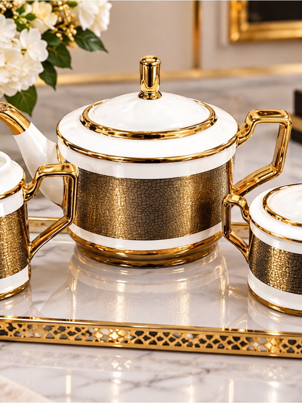 Luxury White and Gold Teapot Set by